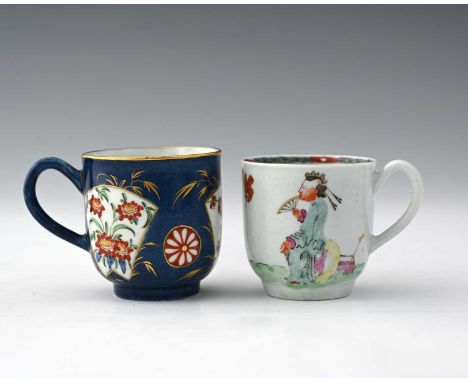 Two Worcester polychrome coffee cups, including a Chinese Musicians example circa 1762 and a powder blue with floral cartouch