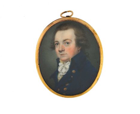 British School, mid-19th Century, an oval portrait miniature of a gentleman, bust-length, in a white stock and blue jacket wi