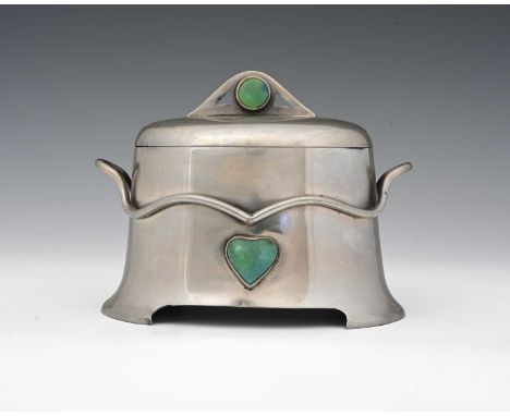 Kate Harris for William Hutton, an Arts and Crafts pewter and Ruskin cabochon set biscuit box, splayed oval section on bracke