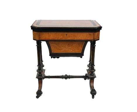 A late Victorian amboyna and ebonised games/work table combined, circa 1870, octagonal parquetry inlaid and strung foldover t