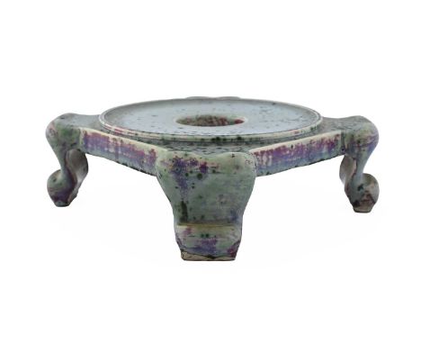 Ruskin Pottery, a High Fired vase stand, circa 1920s, square section Chinese form with four squat whiplash cabriole bracket f