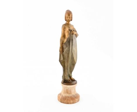 Josef Lorenzl, an Art Deco cold painted and gilt bronze figure, modelled as a semi nude bather, on alabaster socle base, sign