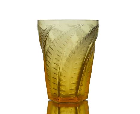 René Lalique, a Hesperides amber glass lemonade beaker, model 3412, designed circa 1931, polished and frosted, etched marks R