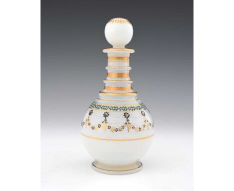 A French gilt and enamelled opalescent glass decanter, probably Jean Baptiste Desvignes, circa 1800, Neoclassical three ring 