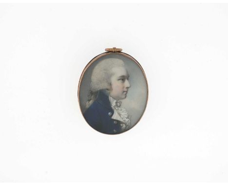 British School, late 18th Century, an oval portrait miniature of a gentleman, bust-length in profile, in a powdered wig, whit