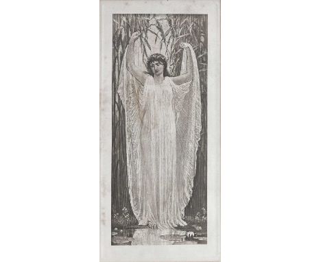 Walter Crane (British, 1845-1915), a classically draped maiden amongst reeds, dated 1888, sepia lithograph, 28 by 12cm, frame