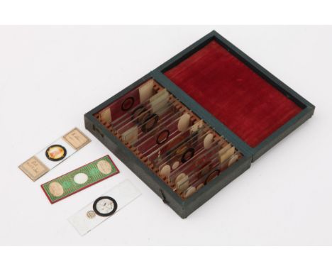 Collection of 20 Microscope Slides,  contained in a faux leather covered case, slides mostly rock sections and chemical cryst