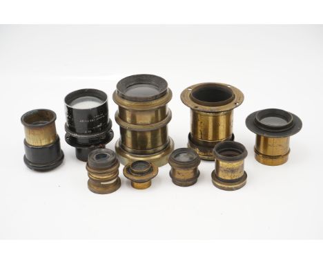 A Selection of Brass Lenses, including Buschs Portrait Aplanat No.4 14", Ross Teleros f/5.5 13" and more (a lot)