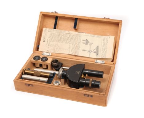 A Reichert Binocular Microscope Head Austrian, C.1920, signed 'Reichert Austria No.1695, in original case with accompanying l