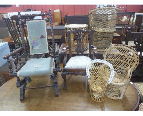 A miniature mahogany Chippendale style chain, child's rocking chair and two miniature peacock chairs 