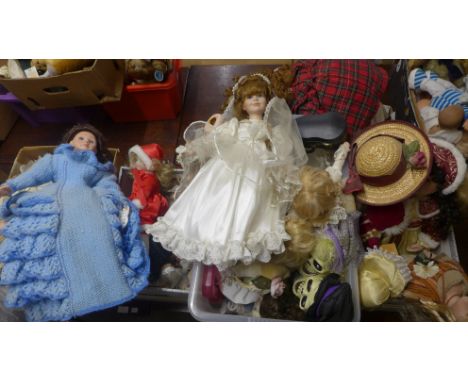 Four boxes of vintage and later dolls, porcelain etc. 