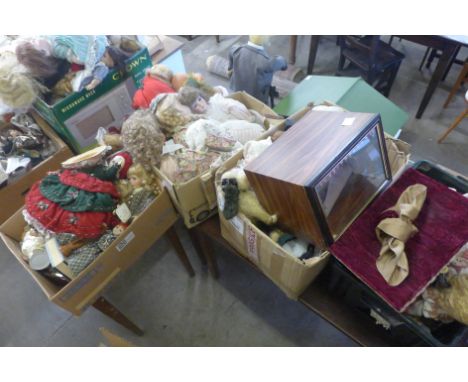 Five boxes of vintage and later dolls, porcelain etc. 