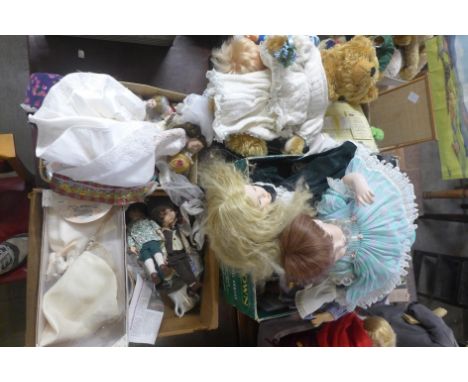 Four boxes of vintage and later dolls, porcelain etc. 