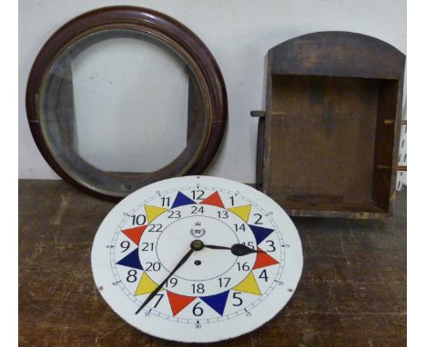 A Victorian mahogany circular fusee wall clock, the painted dial bearing R.A.F. inscription 