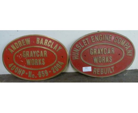Two metal railway Graycar Works plaques, Hunslet Engine Company and Andrew Barclay 