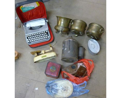 An Empire-Corona typewriter, sets of scales and other metal ware 