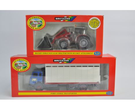 Britains Farm Massey Ferguson 6140 Tractor with Loader plus Ford Animal Transporter. M in G to VG Boxes. (2)
