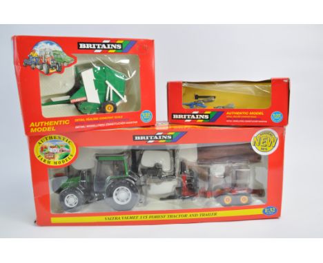 Britains Valtra 115 Tractor with Forestry Trailer, Round Baler and Plough Set. Generally G to M in G boxes. (3)
