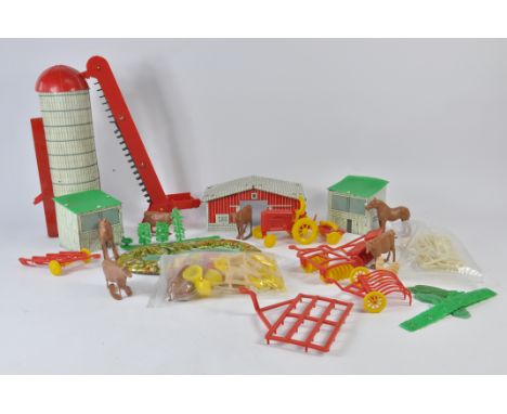 Unusual Plastic and Tin Farm Set. Including Tractor, implements and other general farm items and accessories. No markings hen