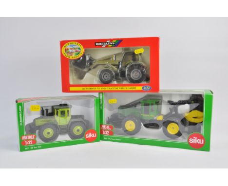 Britains 1/32 Hurlimann SX1500 Tractor and Front Loader plus Siku MB Trac and John Deere Log Skidder. M in VG Boxes. (3)