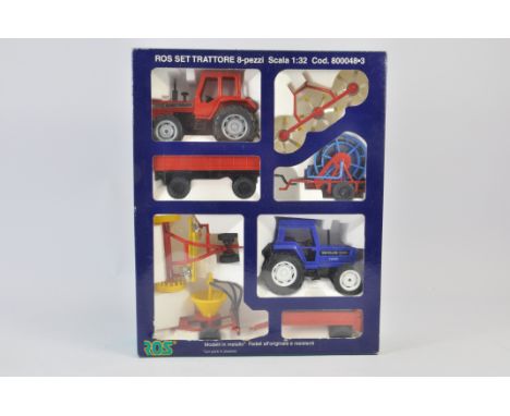 Scarce ROS 1/32 Massey Ferguson and New Holland Tractor and Implement Set. M in VG Box.