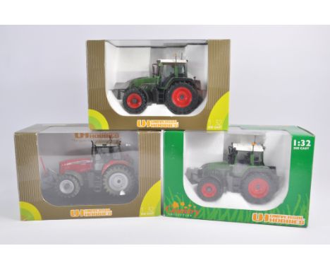 Universal Hobbies 1/32 Fendt 820 Tractor, Massey Ferguson 7499 (Custom) and Fendt 616. All E in Boxes. (3)
