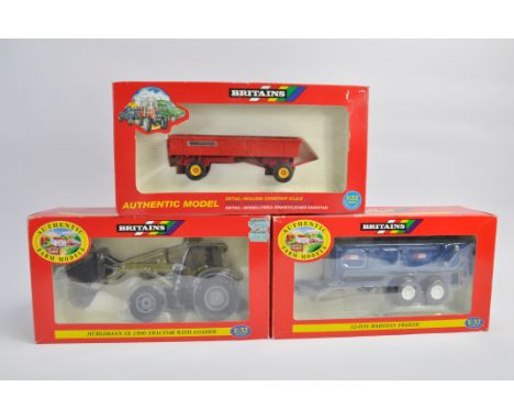Britains Massey Ferguson Trailer, Marston Trailer and Hurlimann SX1500 Tractor with Front Loader. M in G to VG Boxes. (3)