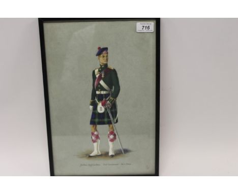 Gouache watercolour of Gordon Highlanders 2nd Lieutenant: No. 1 Dress, in glazed frame and a cartoon print - Officers of The 