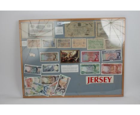 Banknotes - Jersey - in large perspex glazed frame (notes have been mounted by use of corner mounts - therefore undamaged), t