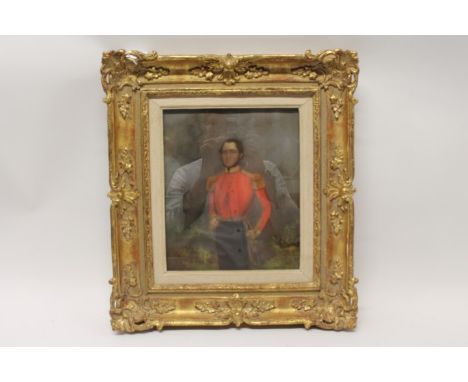 Early Victorian English School pastel portrait of British Infantry Officer with scarlet coatee with gold bullion epaulettes a
