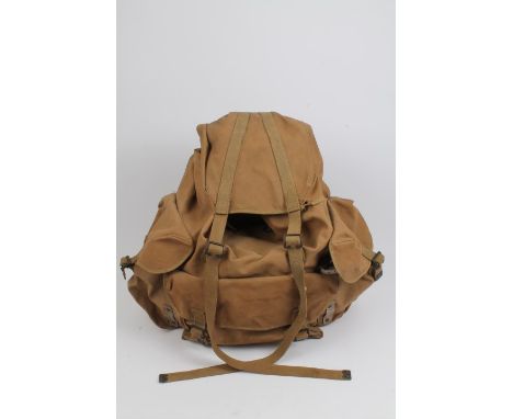 Second World War British Special Forces canvas haversack with brown leather label, stamped with broad arrow, maker - J & H  A