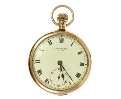 Gentlemen's gold (9ct) open faced pocket watch by J. W. Benson, London, with button-wind movement, white enamel dial with Rom