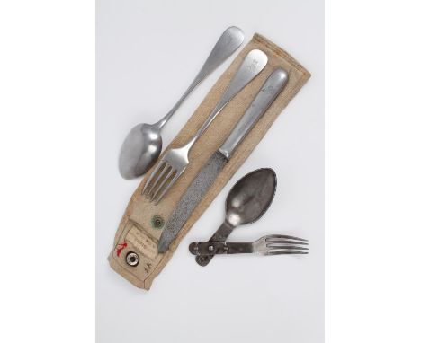 Nazi German mess kit pouch, comprising spoon, fork and knife, each stamped with Nazi eagle in canvas pouch with user's name s