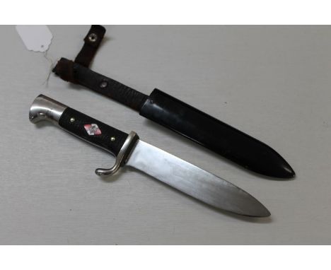 Original Nazi Hitler Youth dagger with plain blade by F. R. Kohlen Solingen, in black enamel sheath with integral leather fro