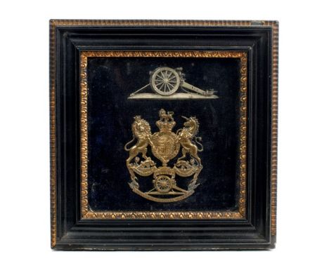 Victorian Royal Artillery helmet plate, mounted in glazed frame, 23.5cm square