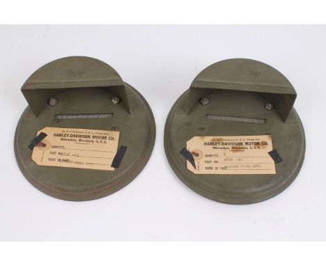 Pair Second World War Harley Davidson military blackout headlamp covers with official label and original painted khaki finish