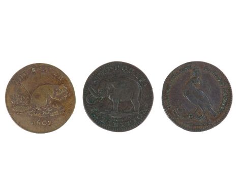 Middlesex 18th century Pidcock's Farthing tokens - Elephant, James Below R / Pelican Stg. R. (x 2) (D & H 1068).  GF and AVF 