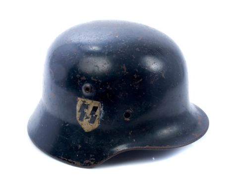 Second World War German M35 S.S. type helmet with black painted finish and single S.S. decal (traces of another decal on oppo