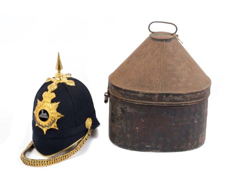 Victorian Officers' blue cloth Infantry helmet of The South Staffordshire Regiment, with gilt brass helmet plate, original li