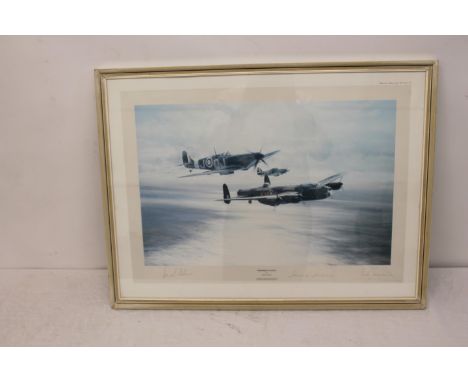 Robert Taylor framed print entitled 'Memorial Flight' depicting a Lancaster flanked by a Spitfire and Hurricane, signed in pe