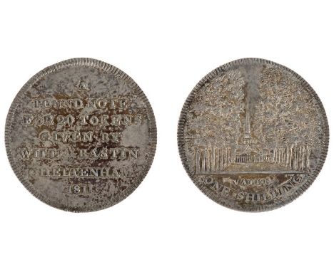 19th century silver token - Gloucestershire, Cheltenham, W. Bastin, Glover and Maker of Breeches Shilling 1811 R / View of St