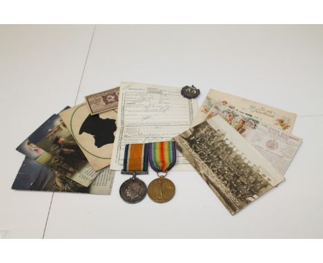 First World War pair medals, comprising War and Victory, named to 40586 PTE. J. RYCRAFT. ESSEX. R. (mounted on bar), together