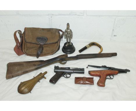 Collection of gun makers' tools and accessories including two Georgian flintlock actions, bullet mould, Webley air pistol, fl
