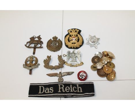 Nazi Das Reich Cuff title, enamel Nazi party membership badge and sundry military buttons and cap badges