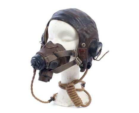 Second World War R.A.F. 'C-type' leather flying helmet, with bakelite earphones, marked - A. M. 10A / 12443, together with ox