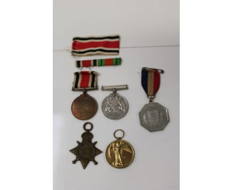 Three First World War medals, 1914 - 1915 Star, named to 5849 Pte. H. P. Brook E. Surr. R., Victory medal, named to 027999 Pt