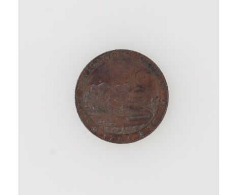 Hertfordshire - Stortford 18th century token - Arms With Crest and Motto R / View of River, Stop After Date 1795.  EF (D & H 