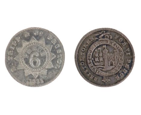 19th century silver Sixpence tokens - Somersetshire - Bristol Quay, Obv. Crest of the City of Bristol Within Garter R / Payab