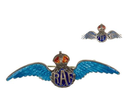 Second World War silver and enamel R.A.F. Wings sweetheart brooch, marked on reverse - Silver, together with a similar R.A.F.