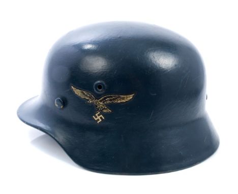Nazi Luftwaffe M35 steel helmet with blue painted finish, double decals, leather lining and cotton label, named to A. W. Cand